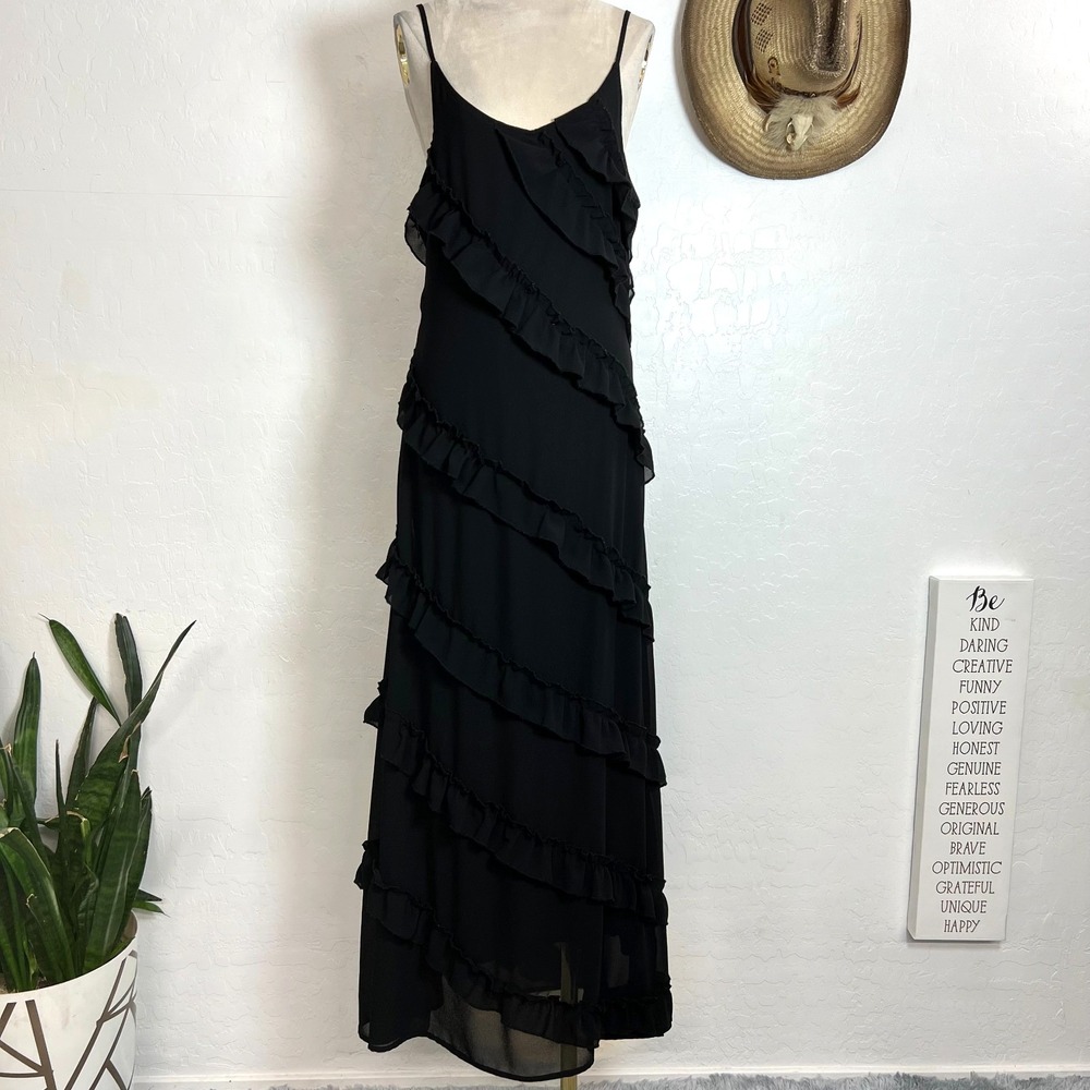VTG Y2K Whimsigoth Black Asymmetrical Ruffle Tiered Maxi Slip Lined Slit Dress